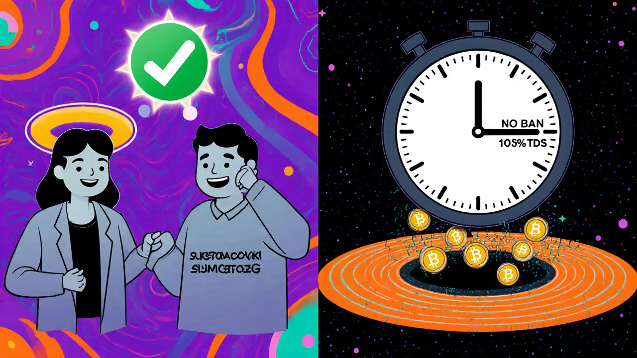 Split scene: user transferring crypto safely vs. losing coins to heavy taxes under a clock.