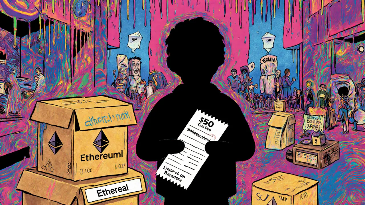 Vendors sell fake blockchain boxes in a marketplace while real blockchains thrive in the background.