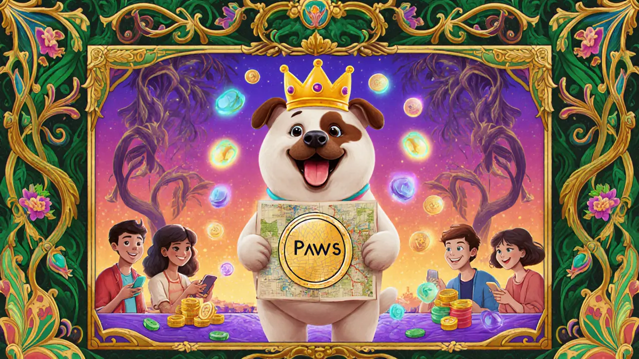 A crowned dog holding a PAWS token on a tap-to-earn game screen with joyful users.