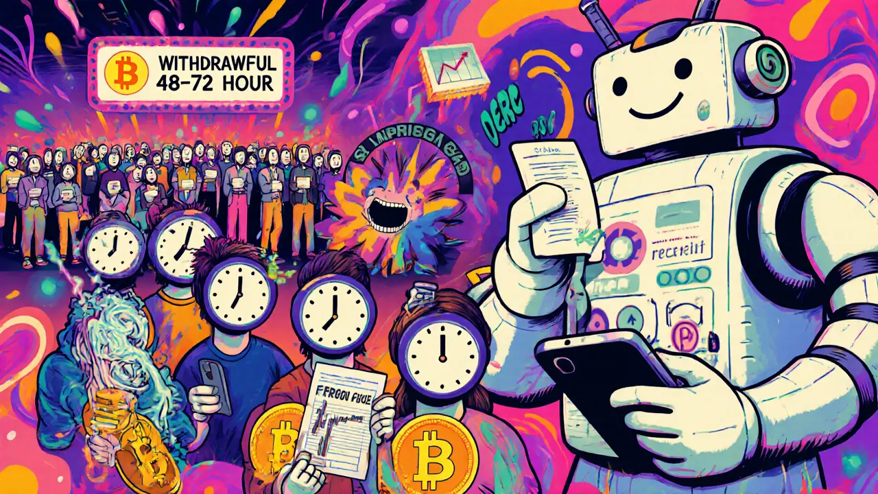 A frustrated user waits in a long queue for support while a giant bot is overwhelmed by help tickets, with a frozen withdrawal receipt and exploding crypto chart in the background.