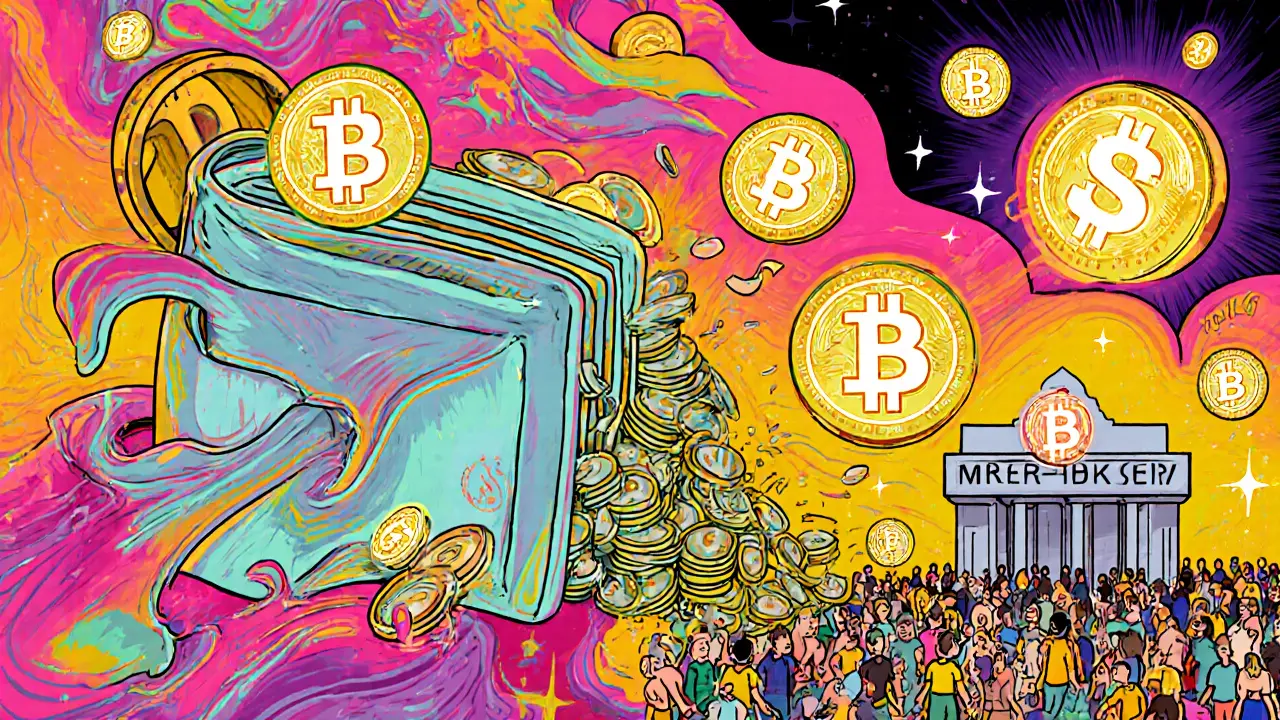 A giant wallet with coins flowing in and out, surrounded by glowing market sentiment indicators in psychedelic style.