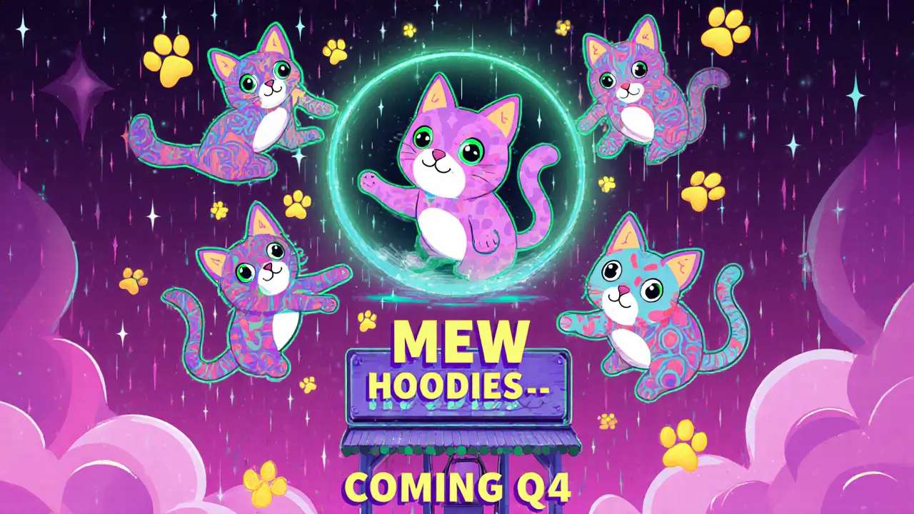 A glowing cat NFT emerging from a portal with 5,555 feline spirits and staking rewards raining down.