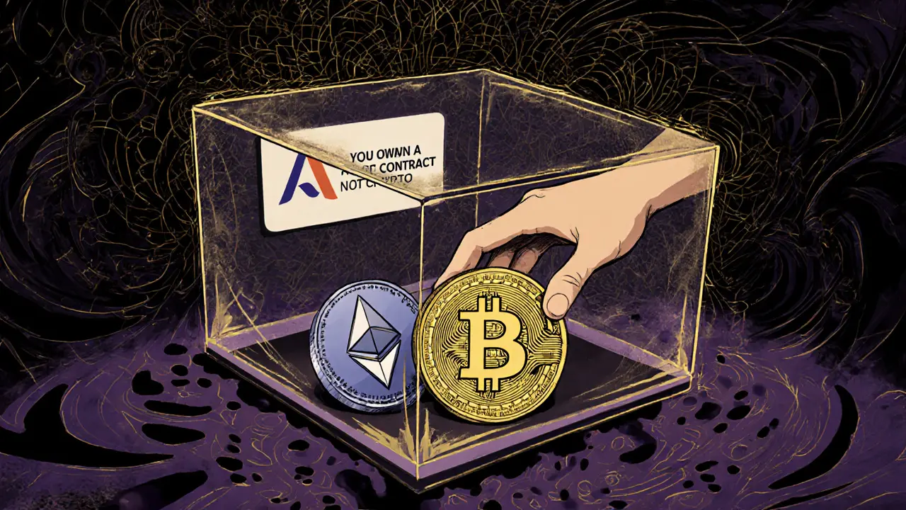 A locked glass box holds crypto symbols while a hand reaches in, ABN Amro logo visible behind