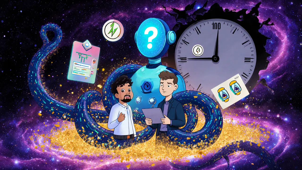 A surreal AI assistant made of code and gold dust guides a beginner trader, surrounded by risk and learning icons under a ticking Q2 2025 clock.