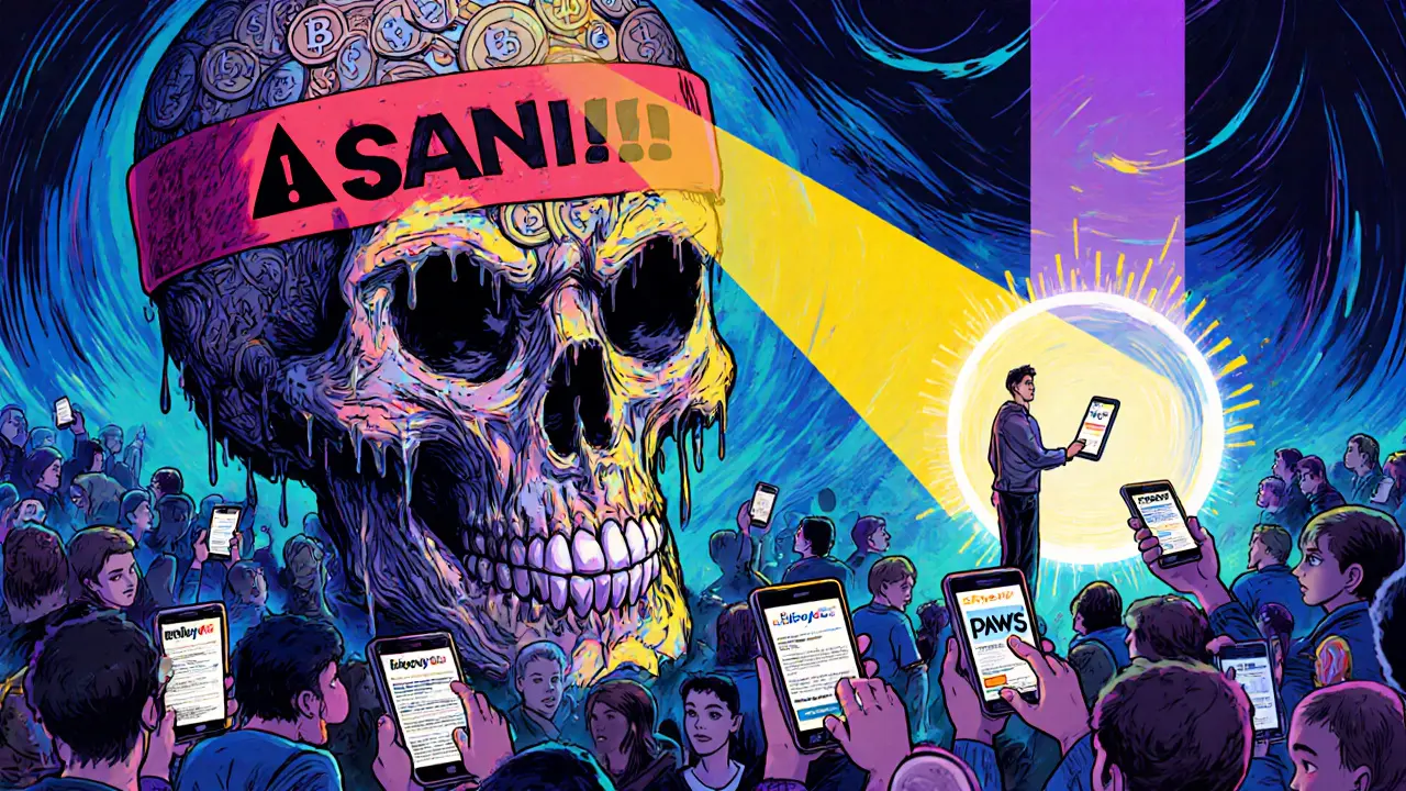 A warning skull made of coins looms over confused people, while one downloads PAWS.