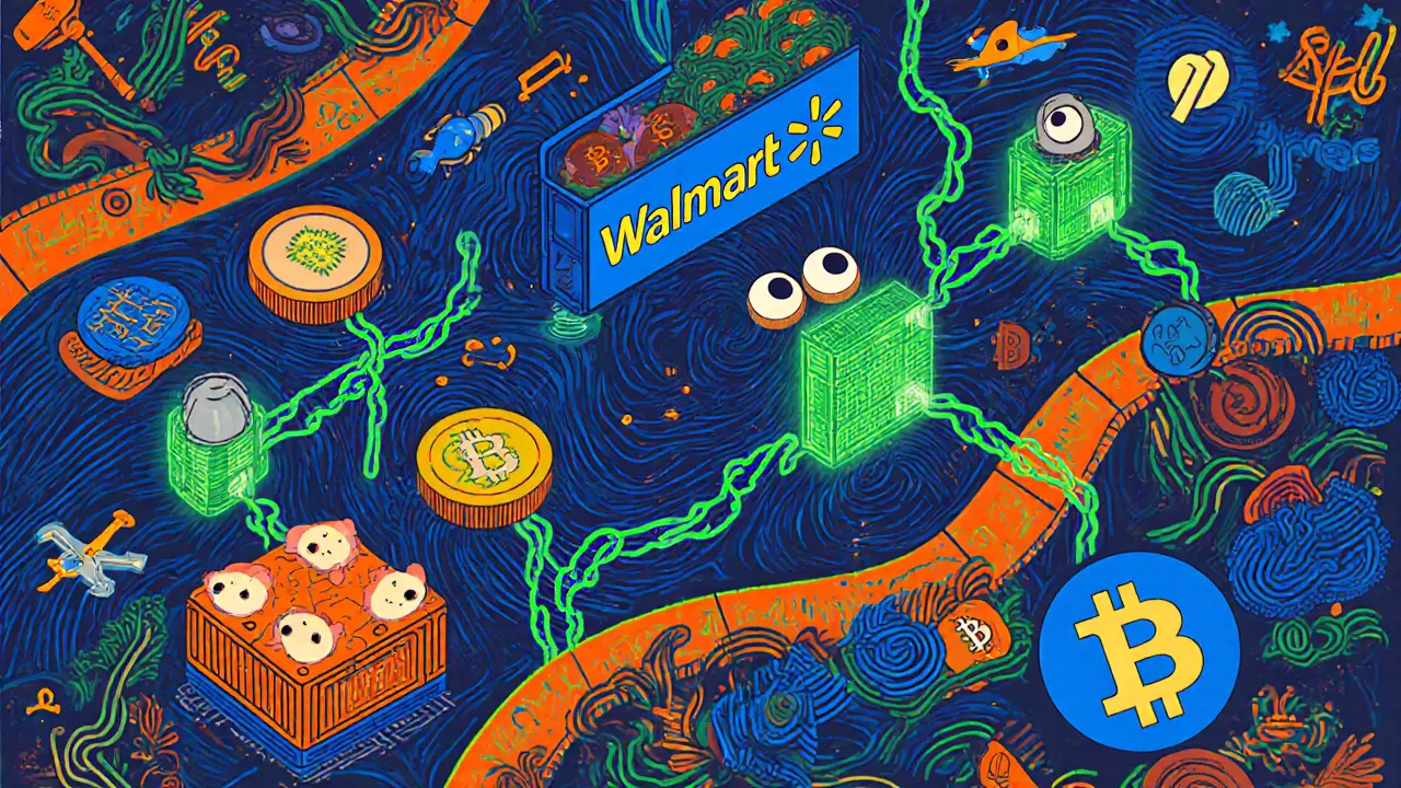 AI oracles connecting food crates to blockchain pipes with glowing data streams in swirling psychedelic patterns.