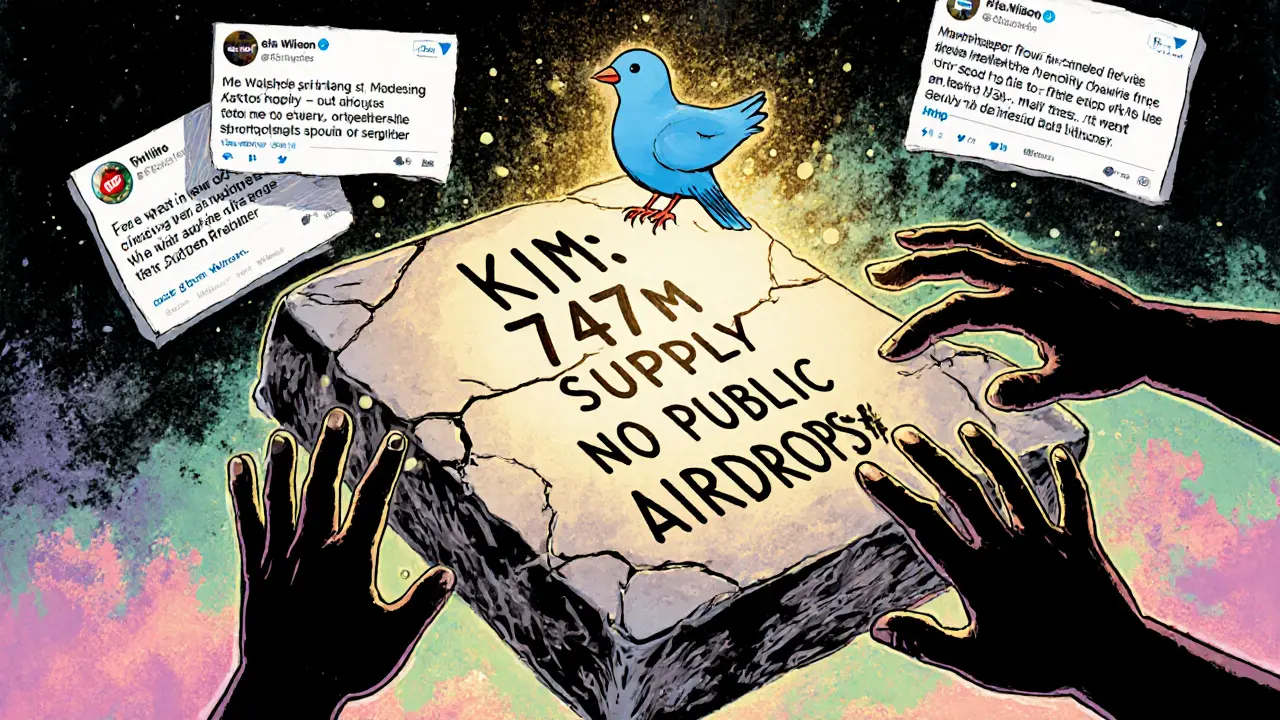 Ancient tablet with KIM rules guarded by a verified Twitter bird amid fake social media.