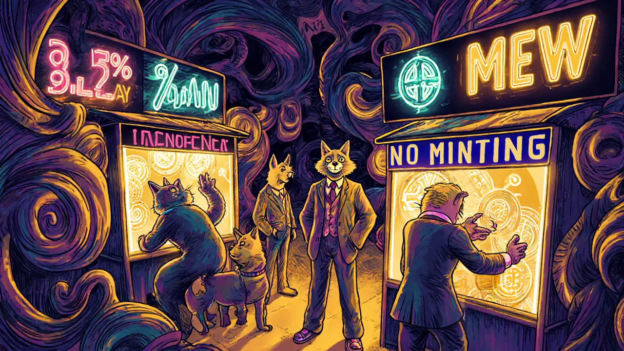 Cats trading MEW tokens in a vibrant Solana marketplace while dogs watch in disbelief.