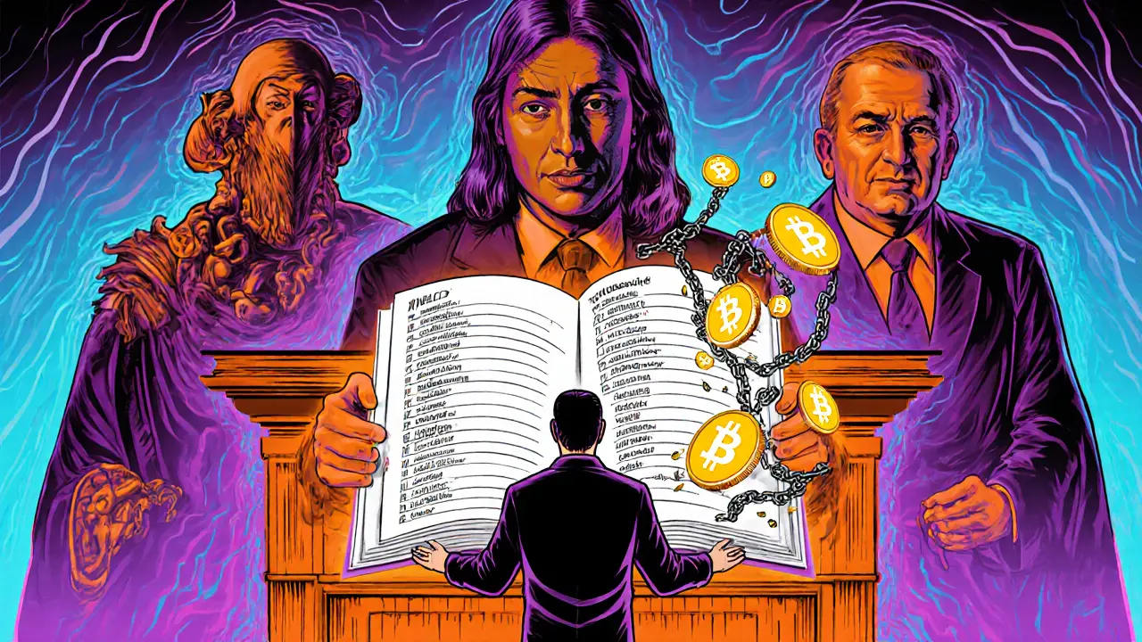 Courtroom scene with judge holding blockchain ledger as defendant&#039;s crypto dissolves into chains, surrounded by regulatory figures.