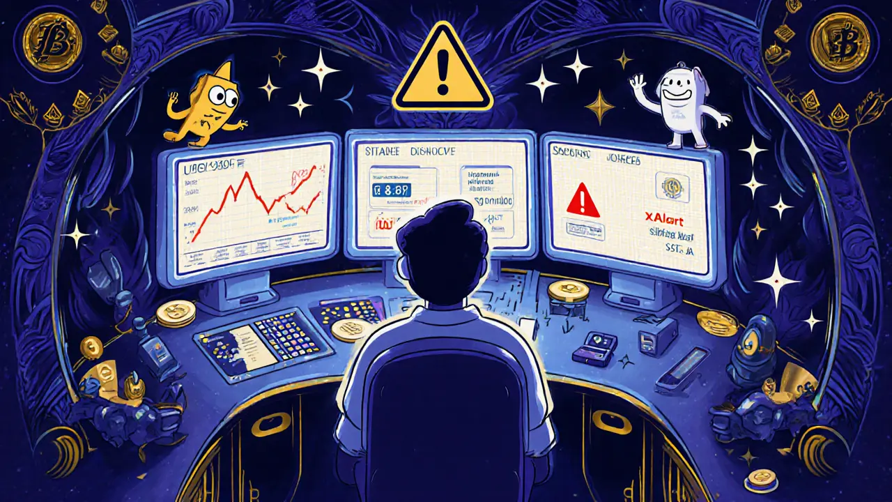 DeFi control room with holograms showing stablecoin ranges, xSUSHI rewards, and impermanent loss alerts.