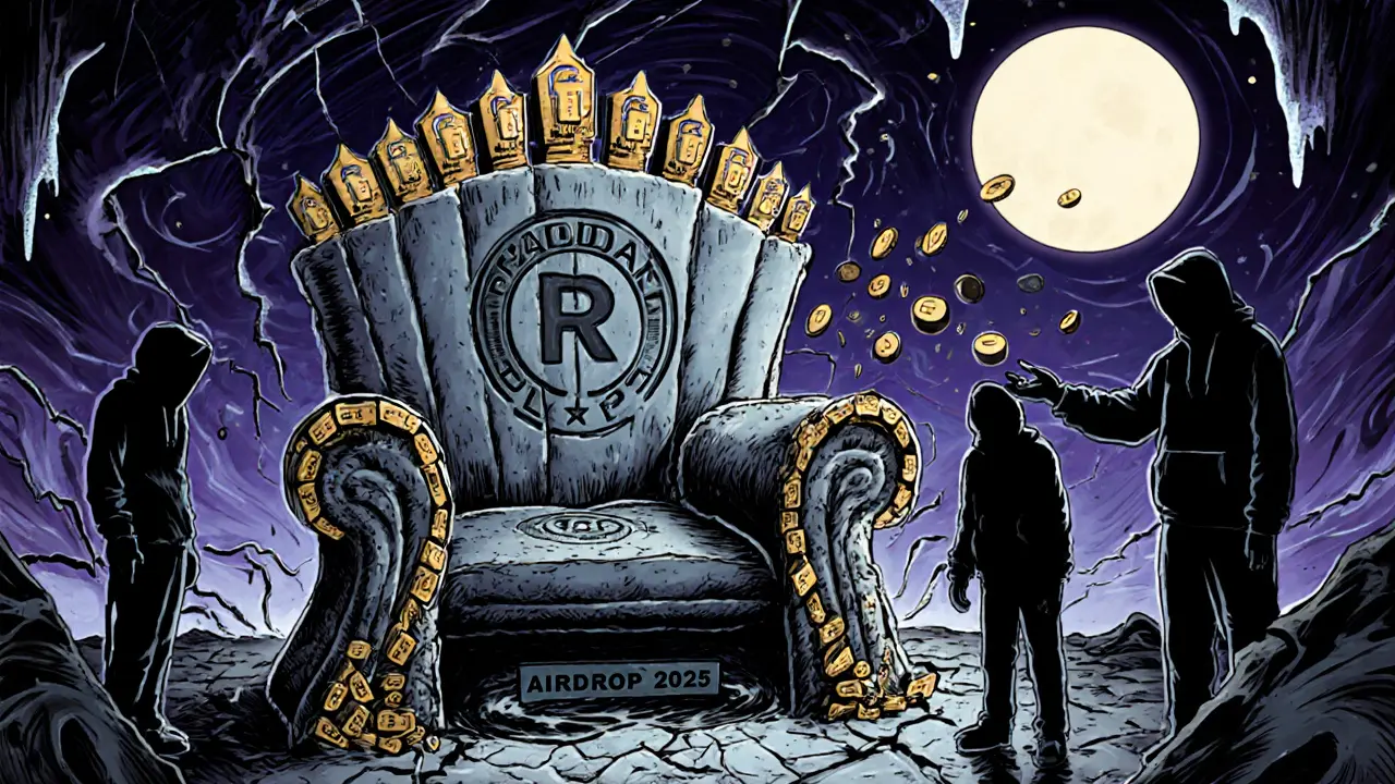 Empty throne of locked tokens under a fractured moon, shadowy figures tossing coins