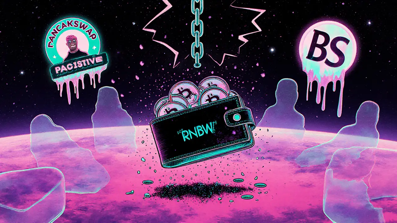 Empty wallet filled with dusty tokens, broken liquidity chain in background