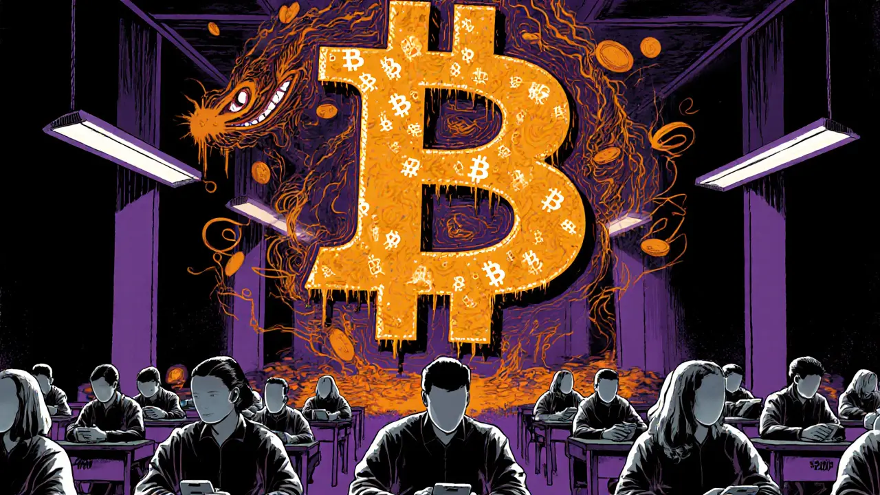 Enslaved workers in a scam compound under corporate Bitcoin dragon logo, glowing in neon hues.