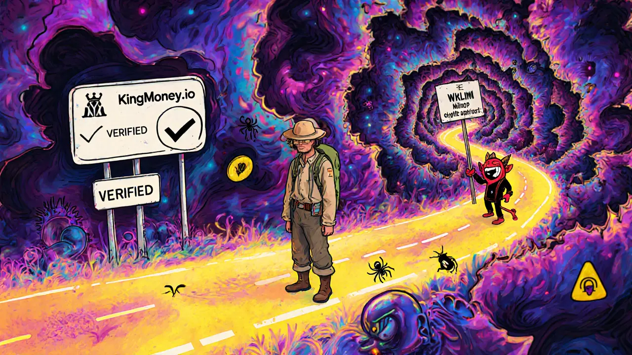 Explorer choosing between a safe verified path and a dangerous fake crypto path.