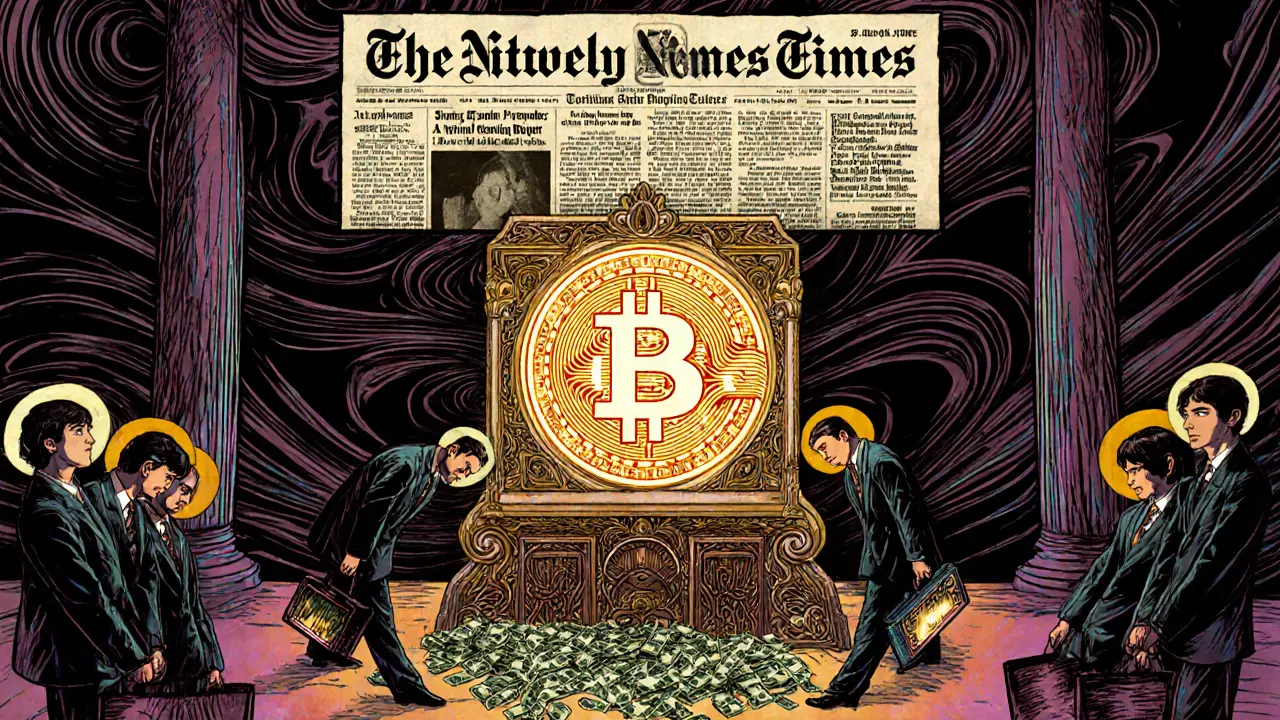 Genesis block as judge towering over bankers, with newspaper headline and binary cash transforming
