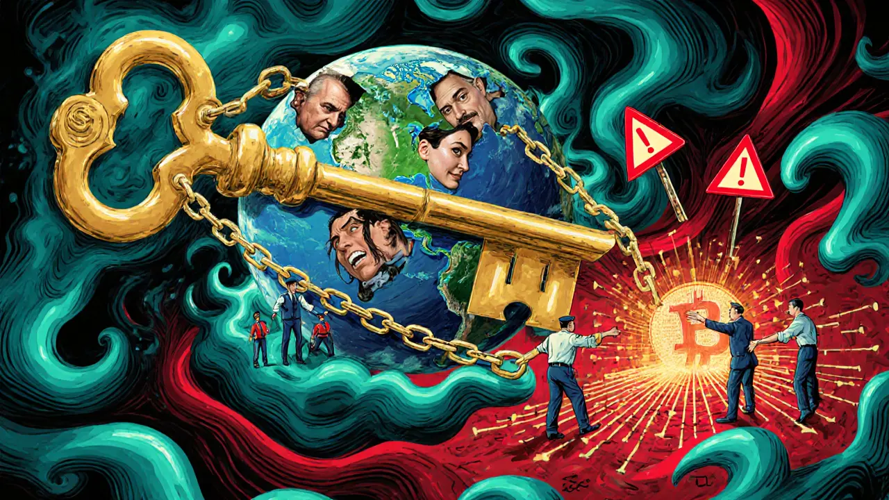 Golden key breaking chains around a globe, with victims and scammers swirling in psychedelic smoke.
