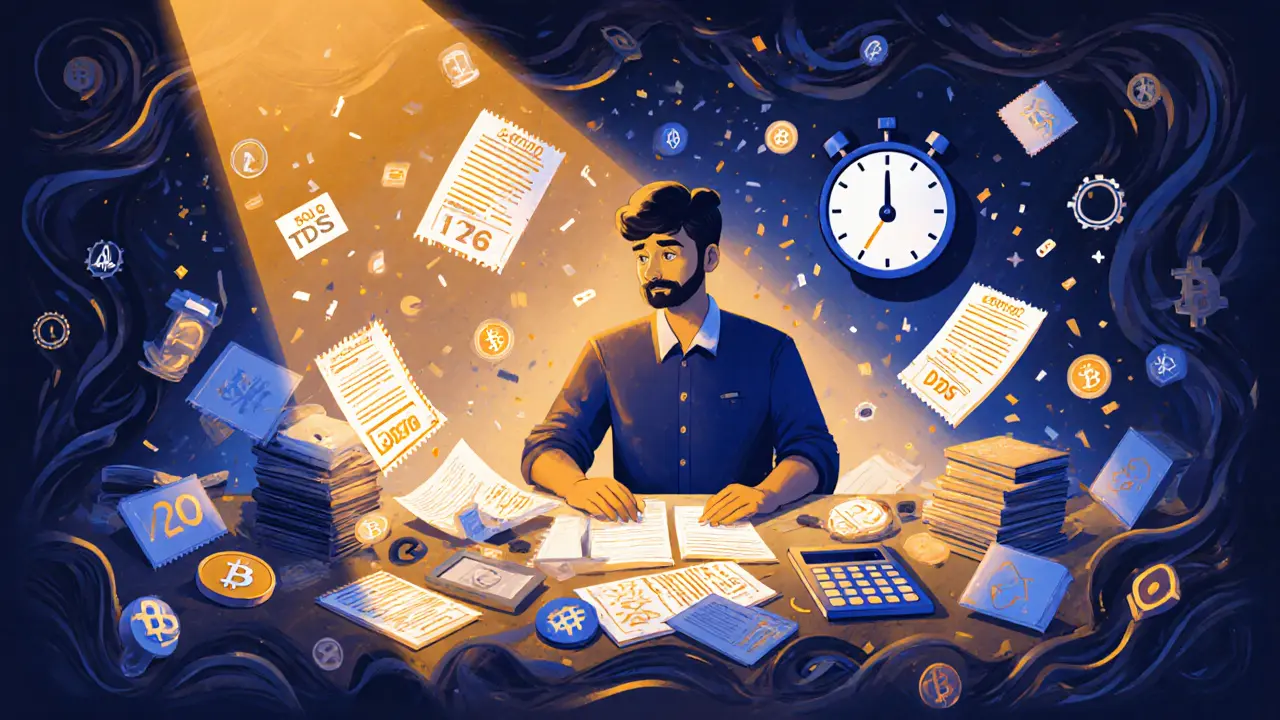 Indian trader surrounded by tax forms and crypto icons in a chaotic, glowing workspace.