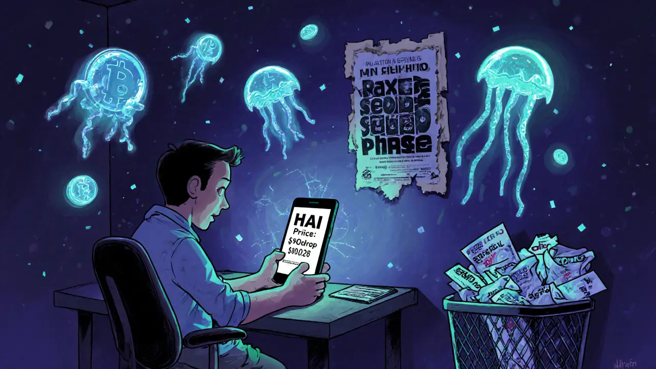 Investor staring at a near-worthless HAI price as fake airdrop ghosts swirl around them