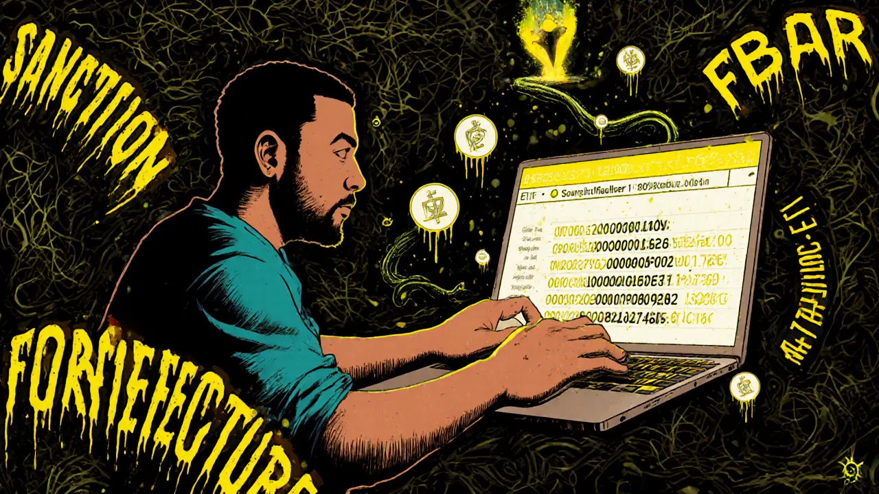 Man using laptop with glowing IP trail leading to a web of wallet addresses, surrounded by sanctioned and forfeiture warnings.