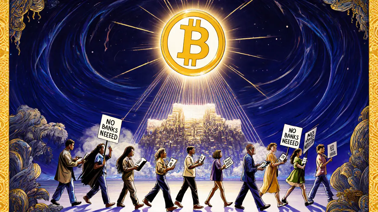People walking toward digital temple shaped like genesis block, with 50 BTC sun and protest signs