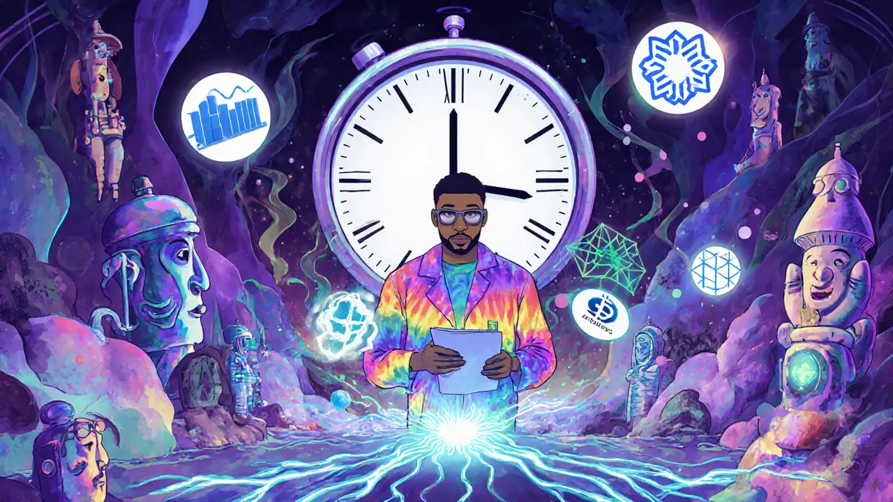 Scientists analyzing glowing on-chain data streams in a surreal lab, with abstract analytics totems and a 2030 clock.