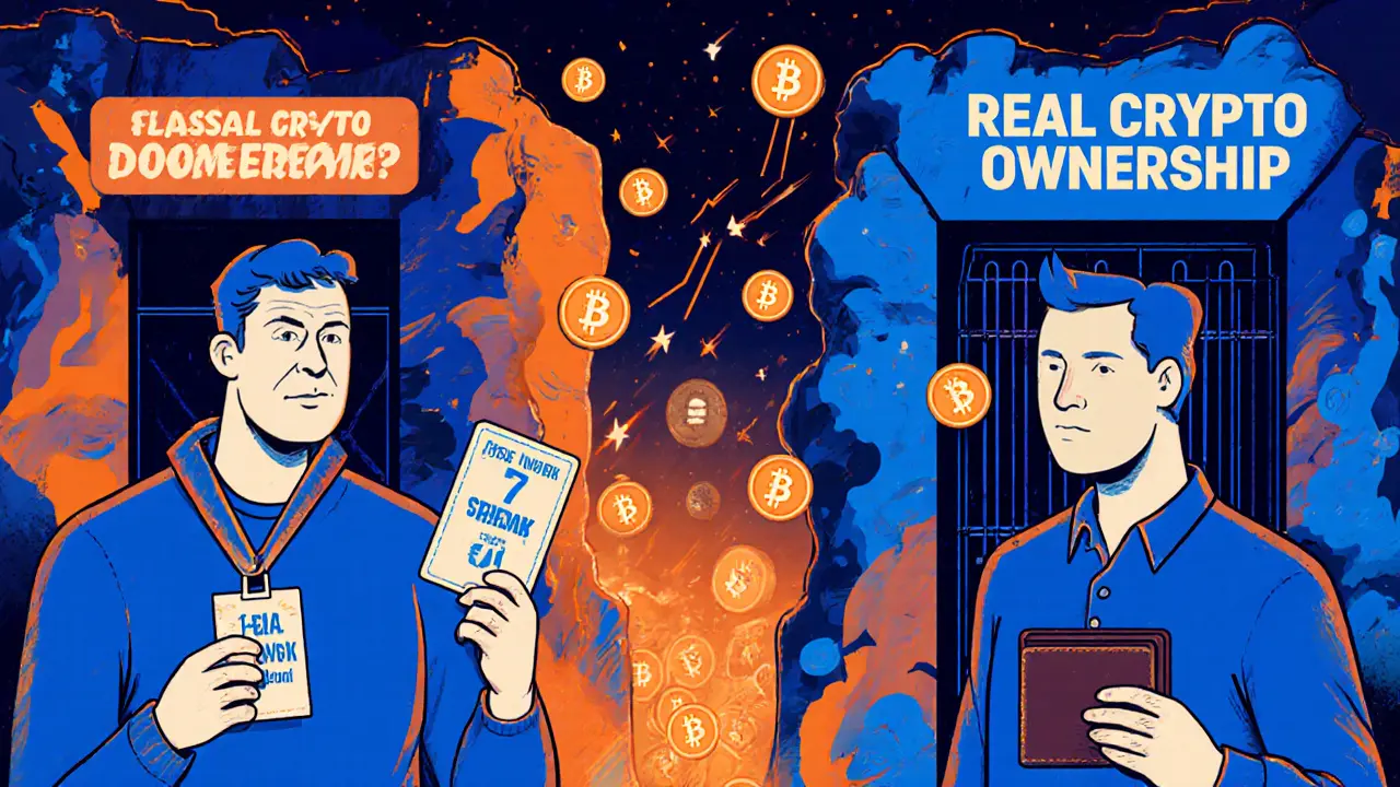 Split scene: casual buyer with streak badge vs. serious investor with hardware wallet, BUX tokens in between