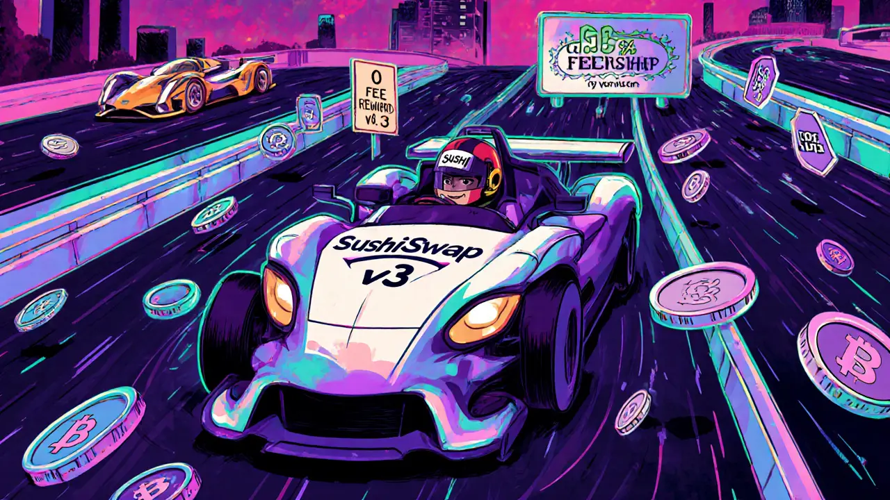 SushiSwap v3 race car speeding on a blockchain highway, passing fee and reward signs in vibrant psychedelic style.