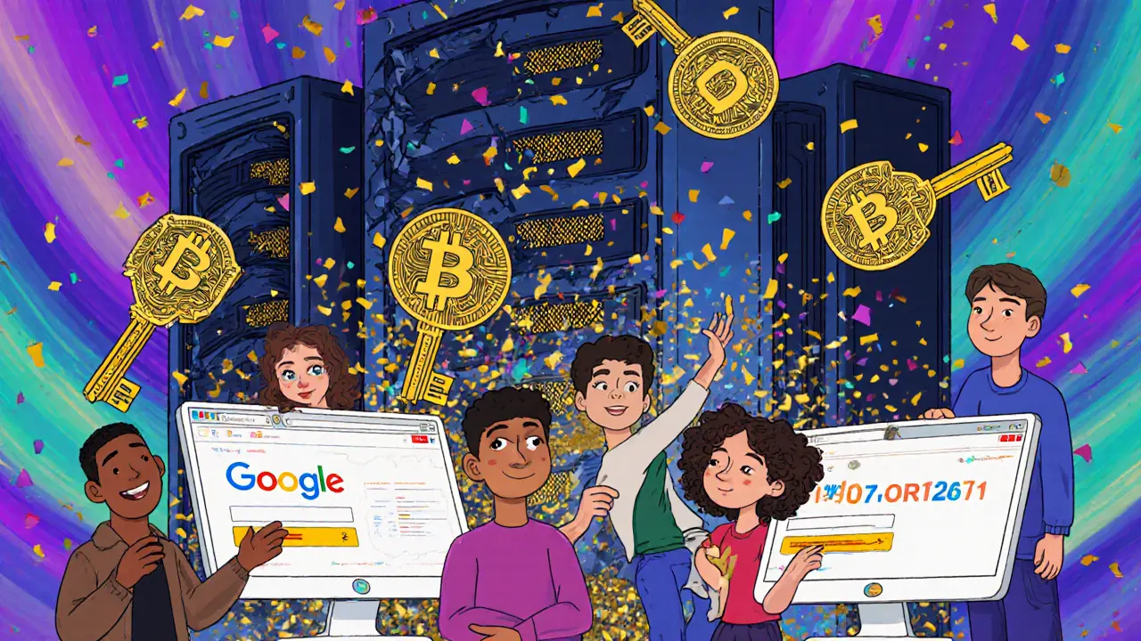 Young users logging in with crypto wallets as their identities become fractal keys, while a server farm dissolves into confetti.