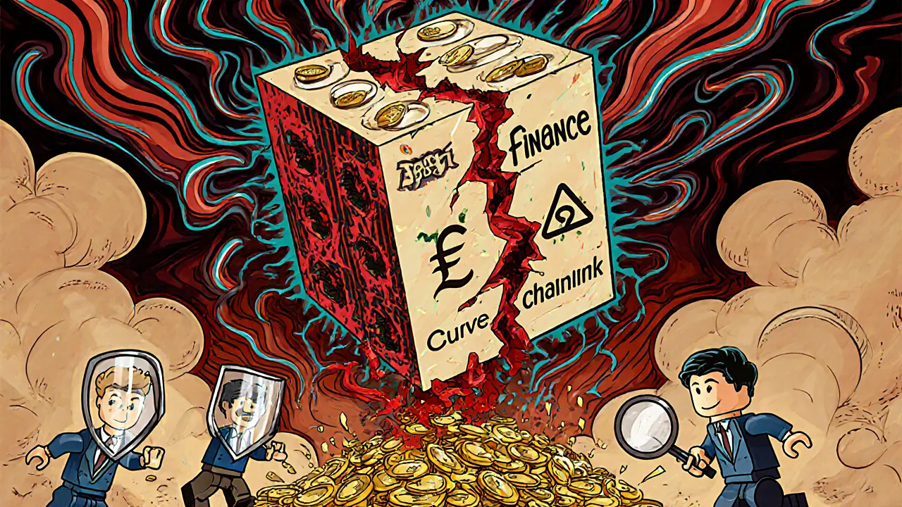 A collapsing tower of DeFi blocks with golden coins spilling out and red cracks spreading.