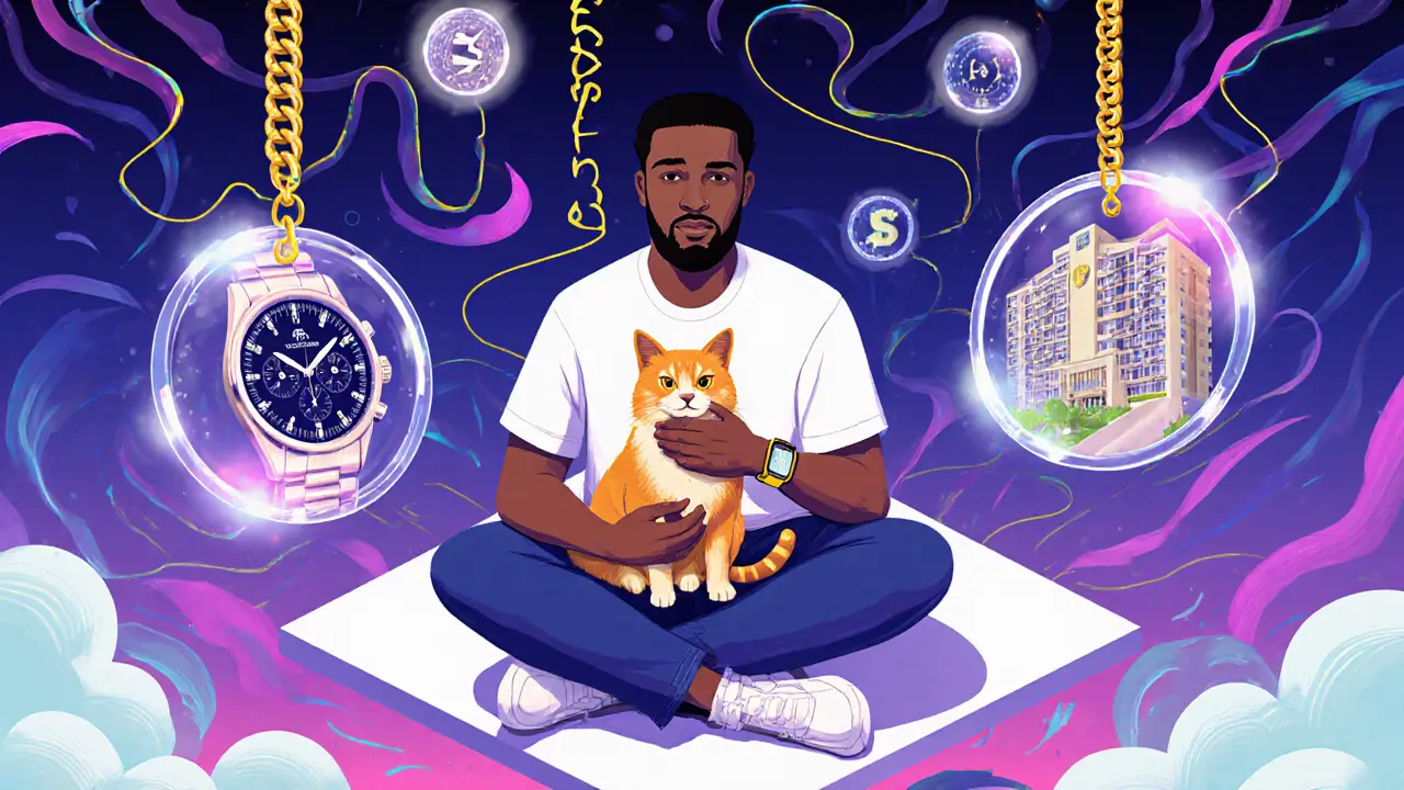 A collector holding a mood-responsive digital pet surrounded by fractional ownership tokens of real-world assets.