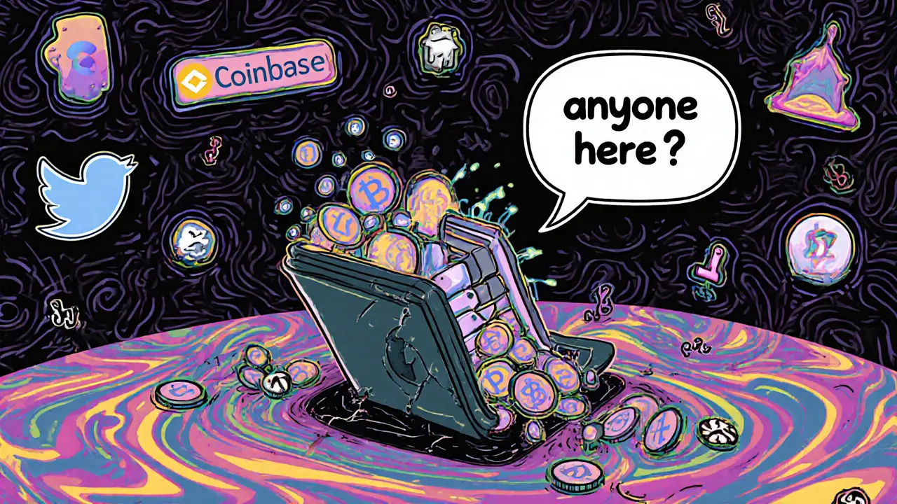 A cracked wallet spilling POR tokens into darkness, surrounded by faded crypto platform icons.