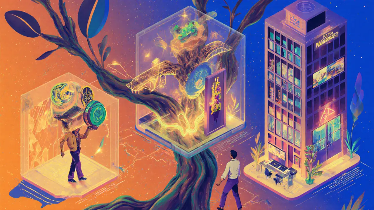 A living modular NFT marketplace connecting cross-chain bridges, AI art, and real estate ownership with organic flows of color.