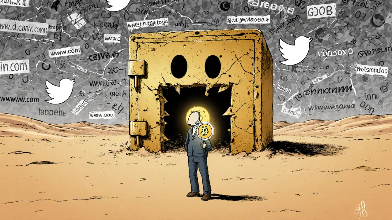 A lone figure in a desert of zeros holds a glowing GDOGE token as a crumbling golden vault looms behind with hollow eyes.