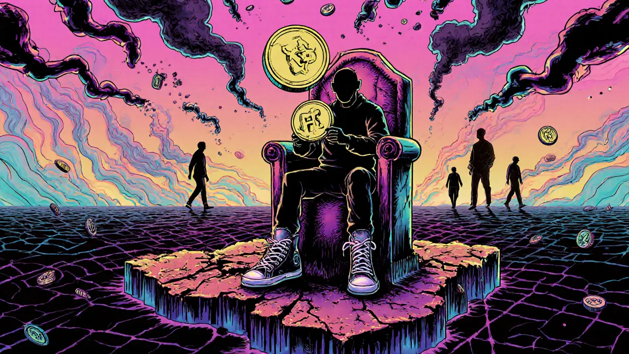 A lone figure on a throne of broken sneakers holds a fading GMT token as others walk away.