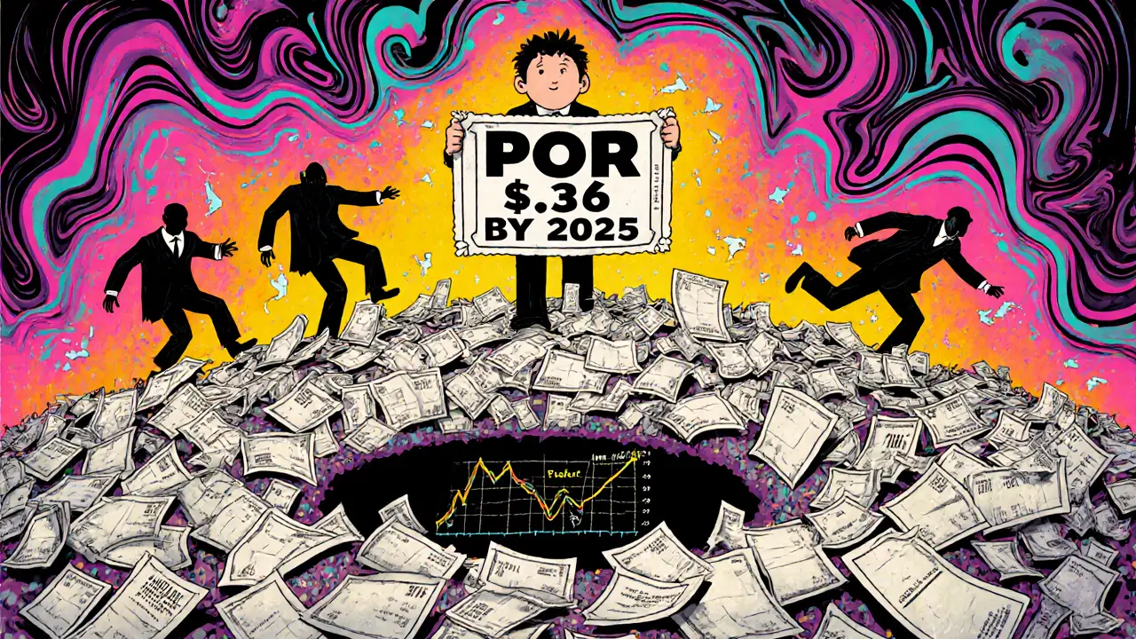 A person holding a fake POR price prediction ticket while shadowy figures run away.