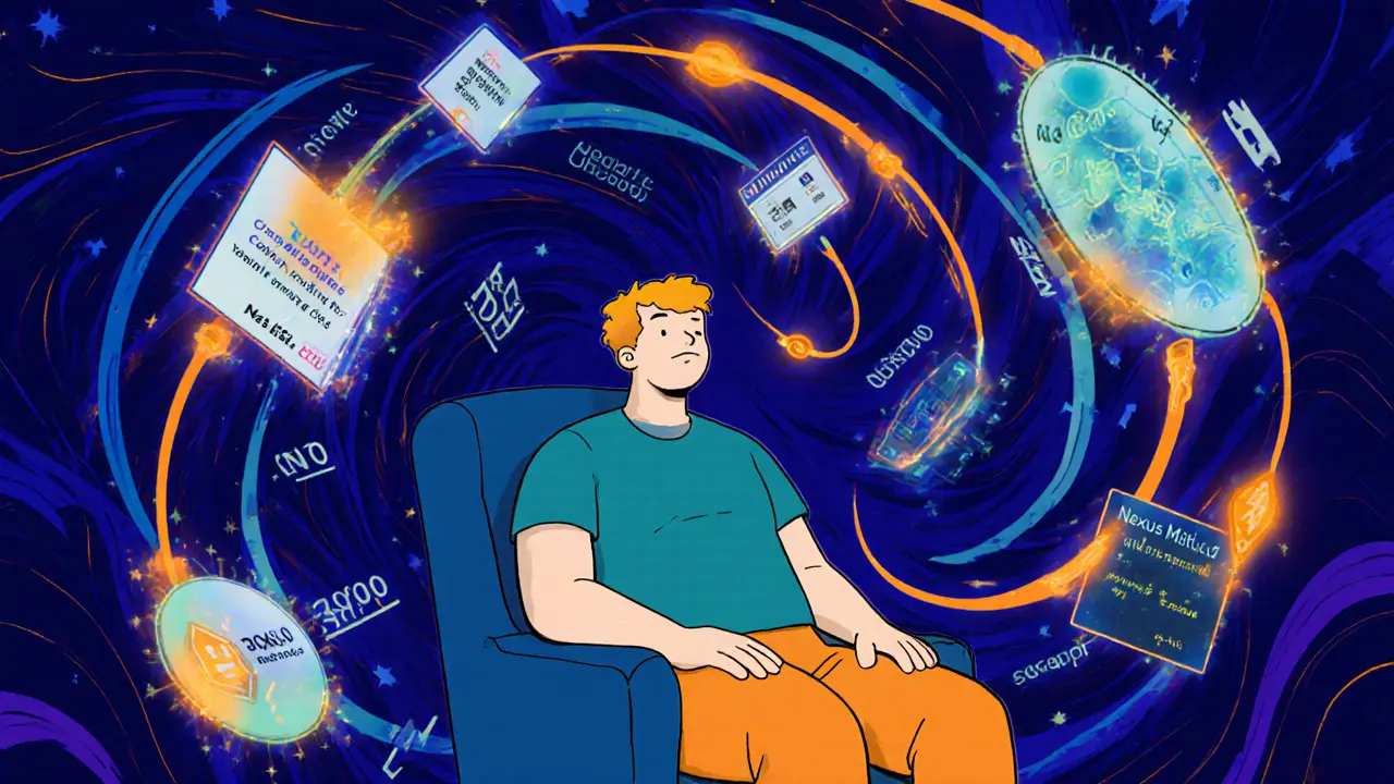 A person surrounded by swirling interconnected DeFi protocols in vibrant cosmic patterns.