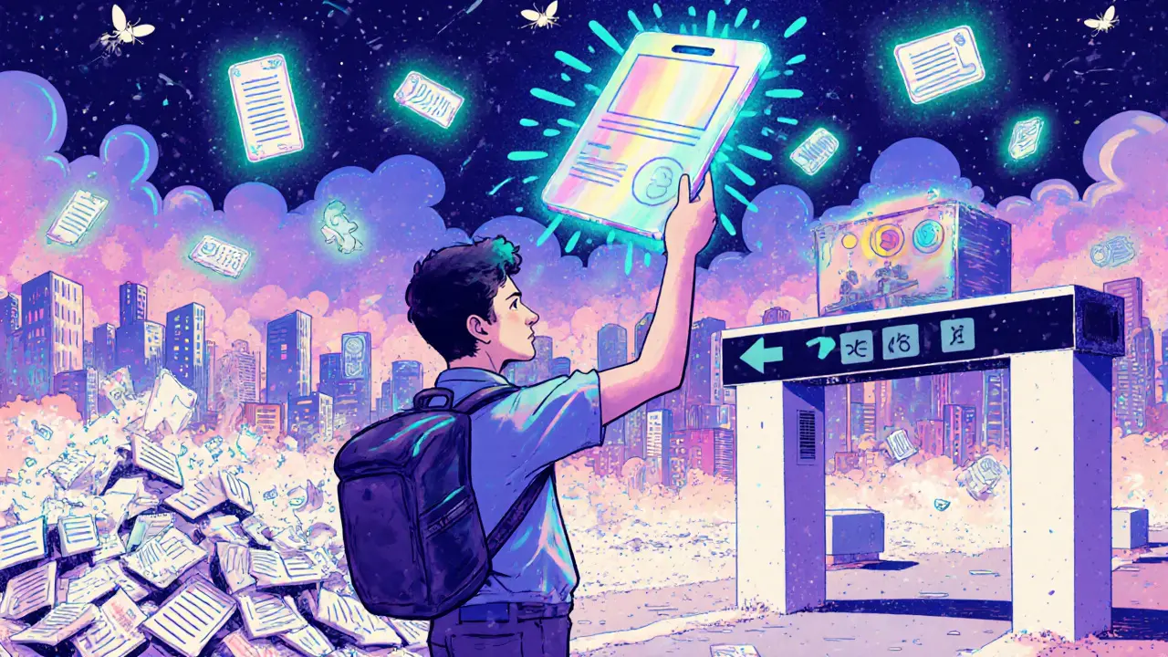 A traveler at a border presenting a holographic blockchain credential while paper diplomas dissolve into dust.