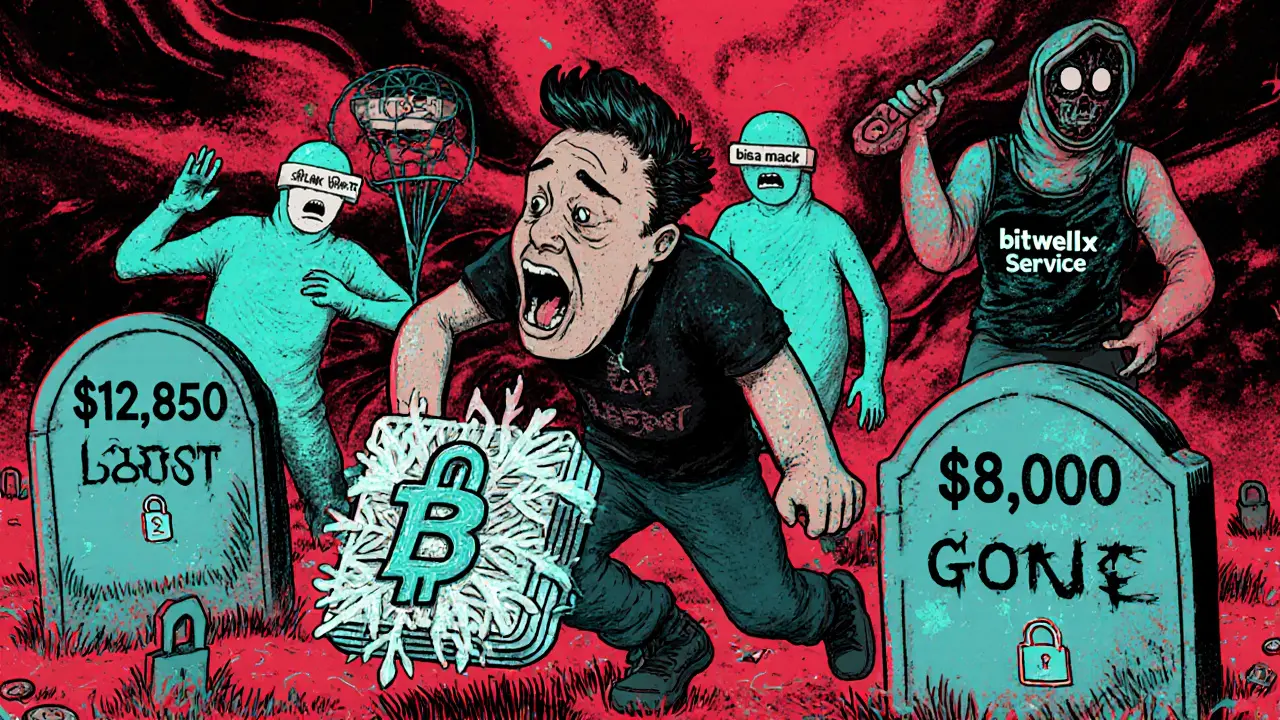 A user chased by scam ghosts holding fake recovery websites, surrounded by graves of lost crypto funds.