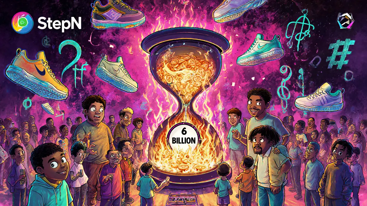 Cartoon users trading NFT sneakers and burning GMT tokens in a glowing digital marketplace.