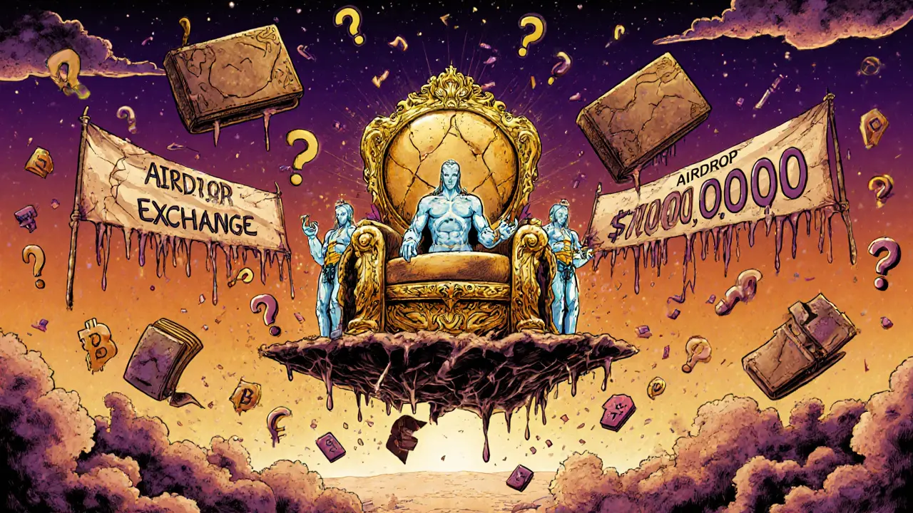 Cracked golden throne surrounded by empty wallets and fading airdrop banners in psychedelic style