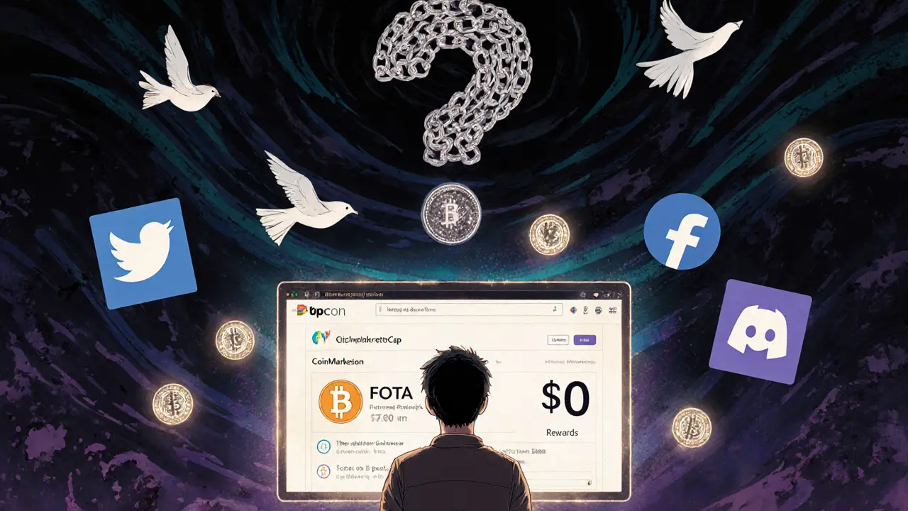 Crypto user facing a <h2>Should You Participate?</h2> FOTA token price as social media rewards vanish into the air