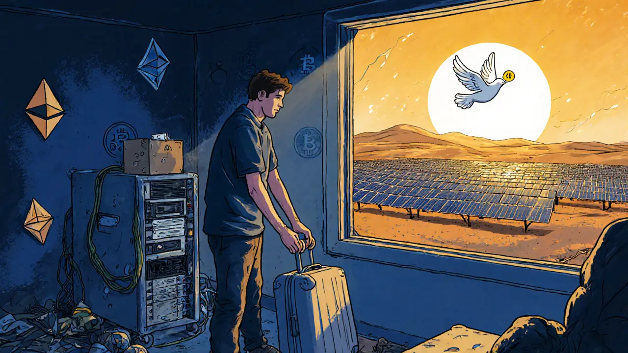 Developer packs up as solar farm glows outside, symbolizing lost potential.