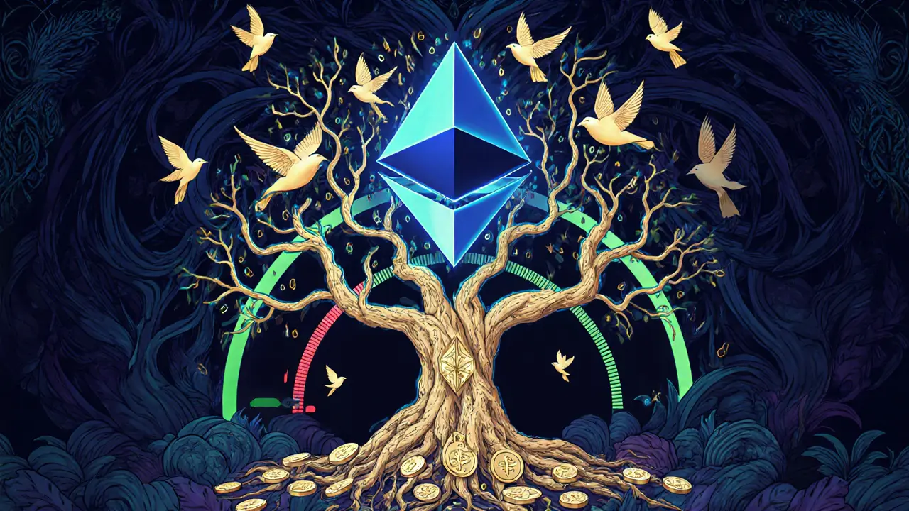 Ethereum blockchain as a glowing tree with staked coins as roots and validator nodes as branches.