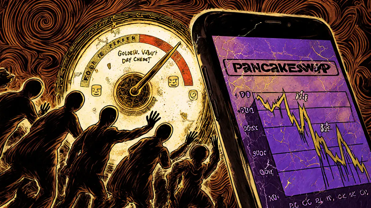 Faceless people reach for a hollow golden vault dripping dust and gas fees, while a cracked phone shows a plummeting chart.