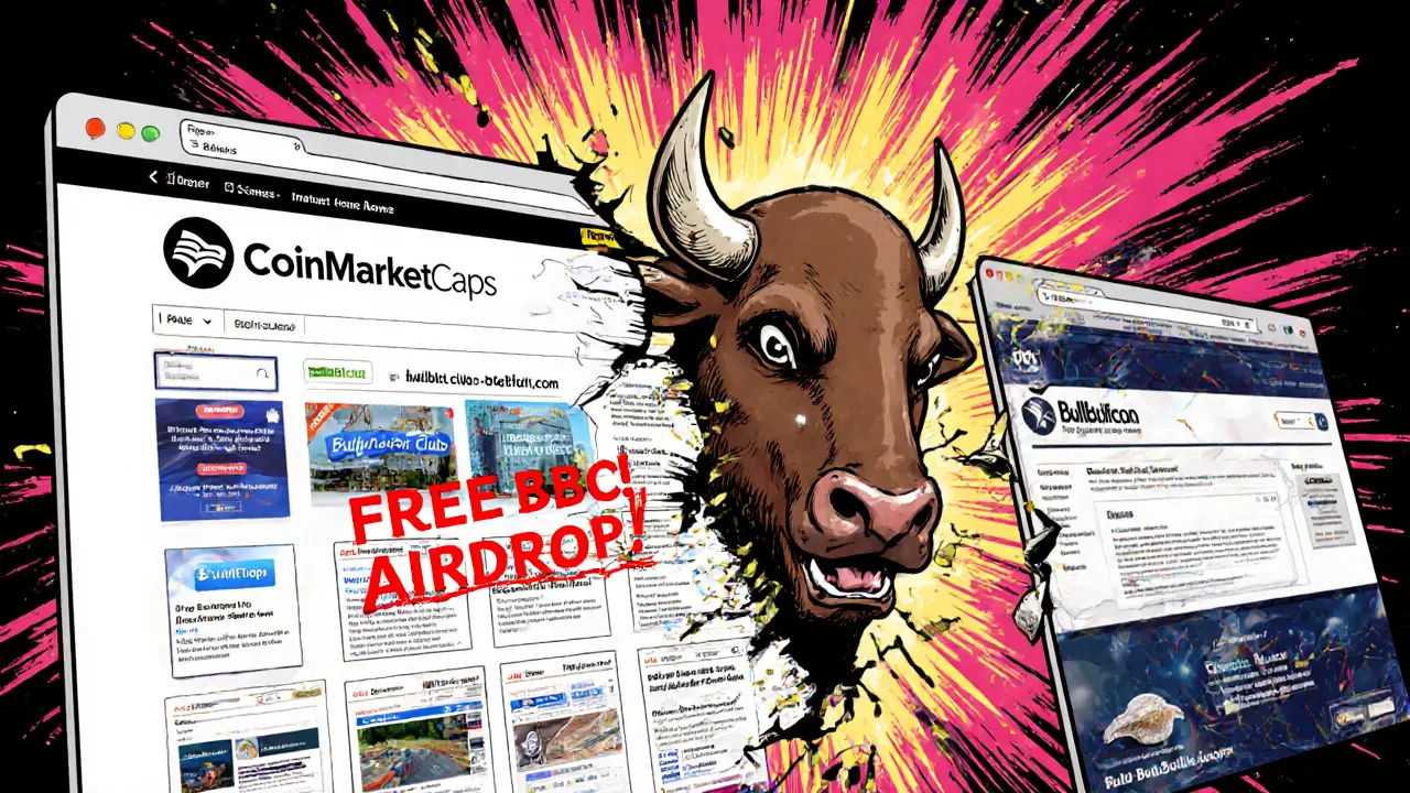 Fake CoinMarketCap scam site being destroyed by a bull horn, real sites glowing behind.