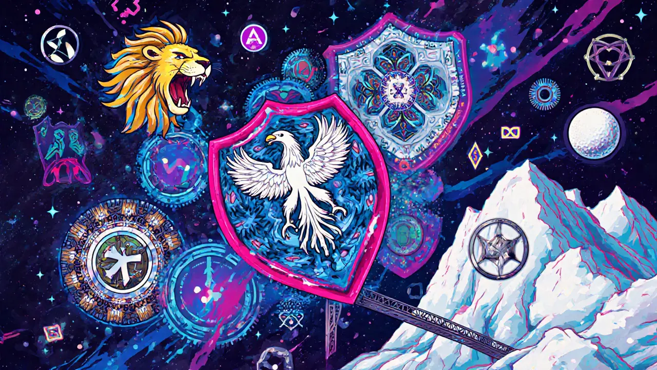 Hybrid consensus algorithms depicted as interlocking psychedelic gears and symbolic creatures in motion.