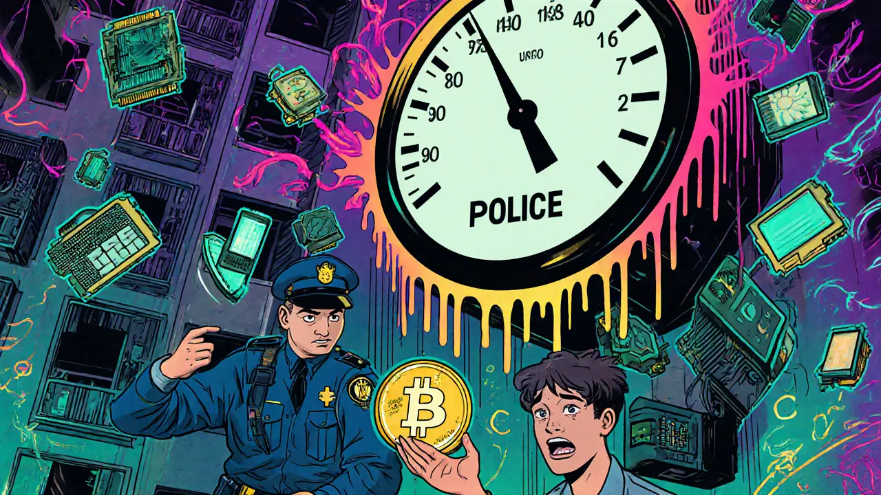 Police inspect an apartment with spiked energy meter and confiscated crypto hardware.