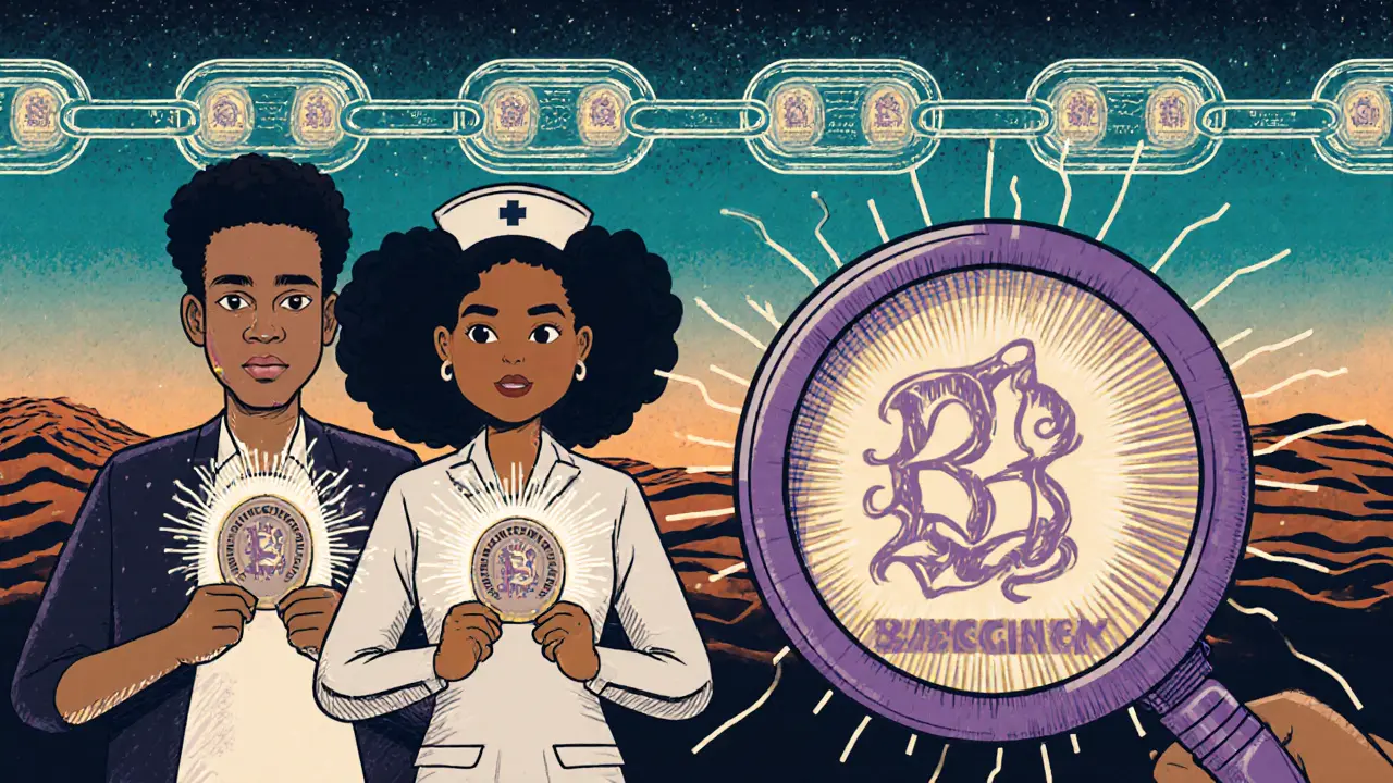 Professionals holding glowing digital badges as a giant blockchain chain stretches behind them with verified credentials in each link.