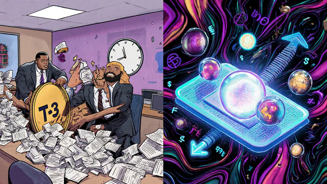 Split scene: chaotic traditional finance office vs. sleek DeFi interface with glowing smart contracts.