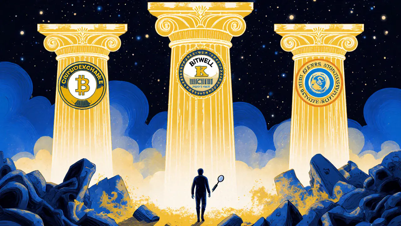 Three regulated crypto exchanges as strong pillars rising above the ruins of BitWell, with glowing licenses.